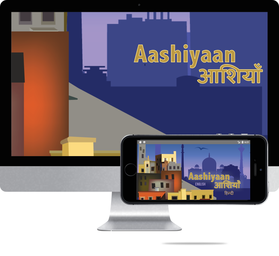 Mockup of Aashiyan website on an iMac & React Native (from Android) app on an iPhone