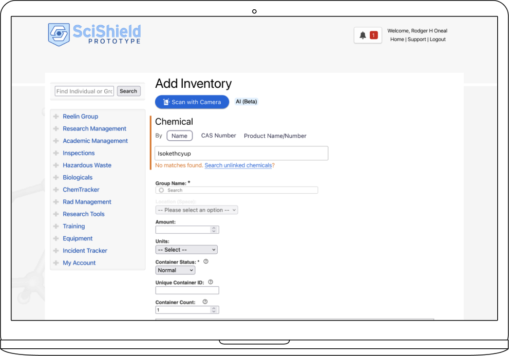 Mockup of ChemSnap Add Inventory form on a MacBook Pro