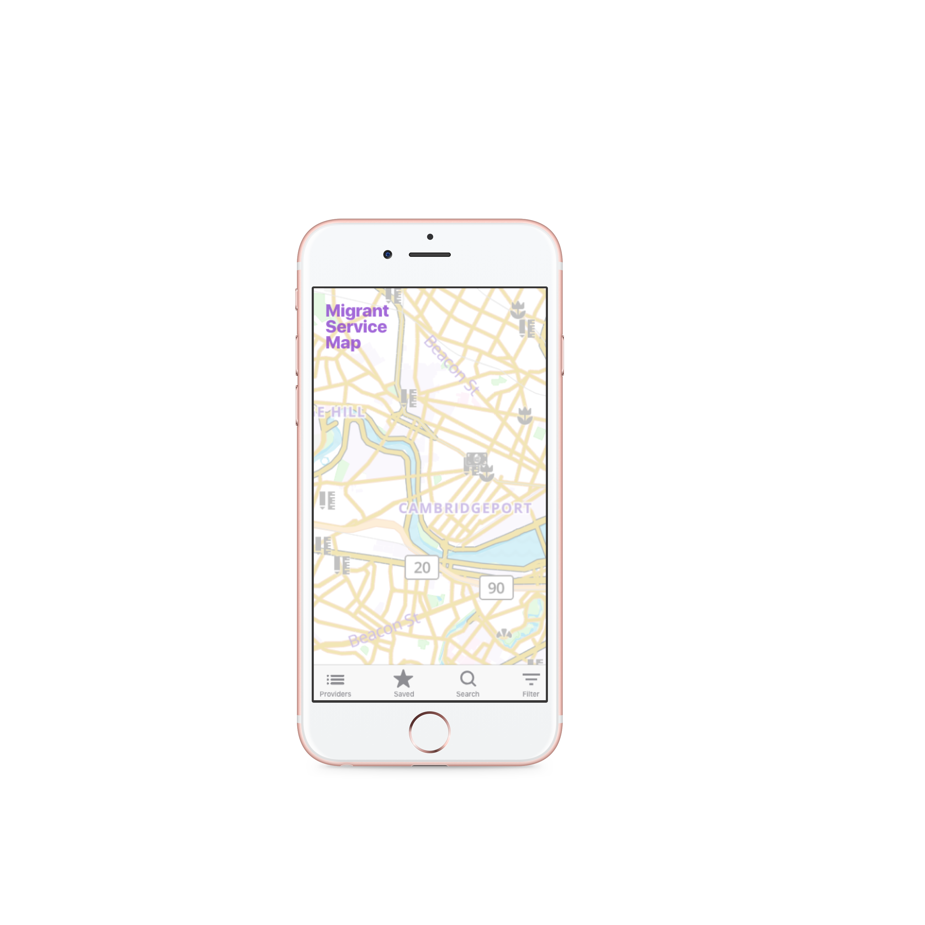 Migrant Service Map app on an iPhone