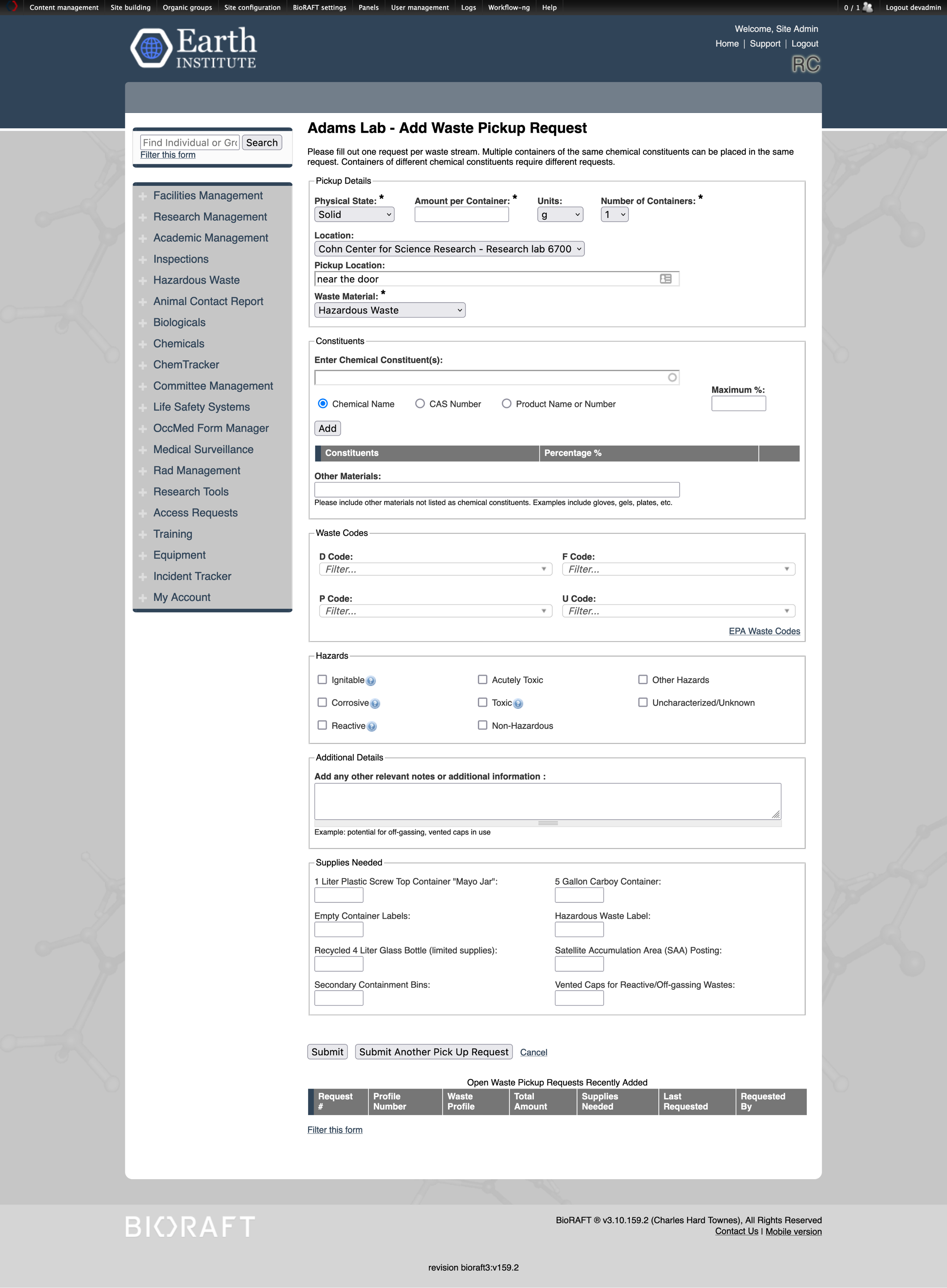 A screenshot of the SciSure Health & Safety web app depicting the Add Pickup Request form in our hazardous waste module. A navy header above a white content region centered above a gray background with a decorative background pattern of a caffeine molecule. The form features many small interface native browser interface elements such as text inputs, dropdowns, checkboxes, and buttons.