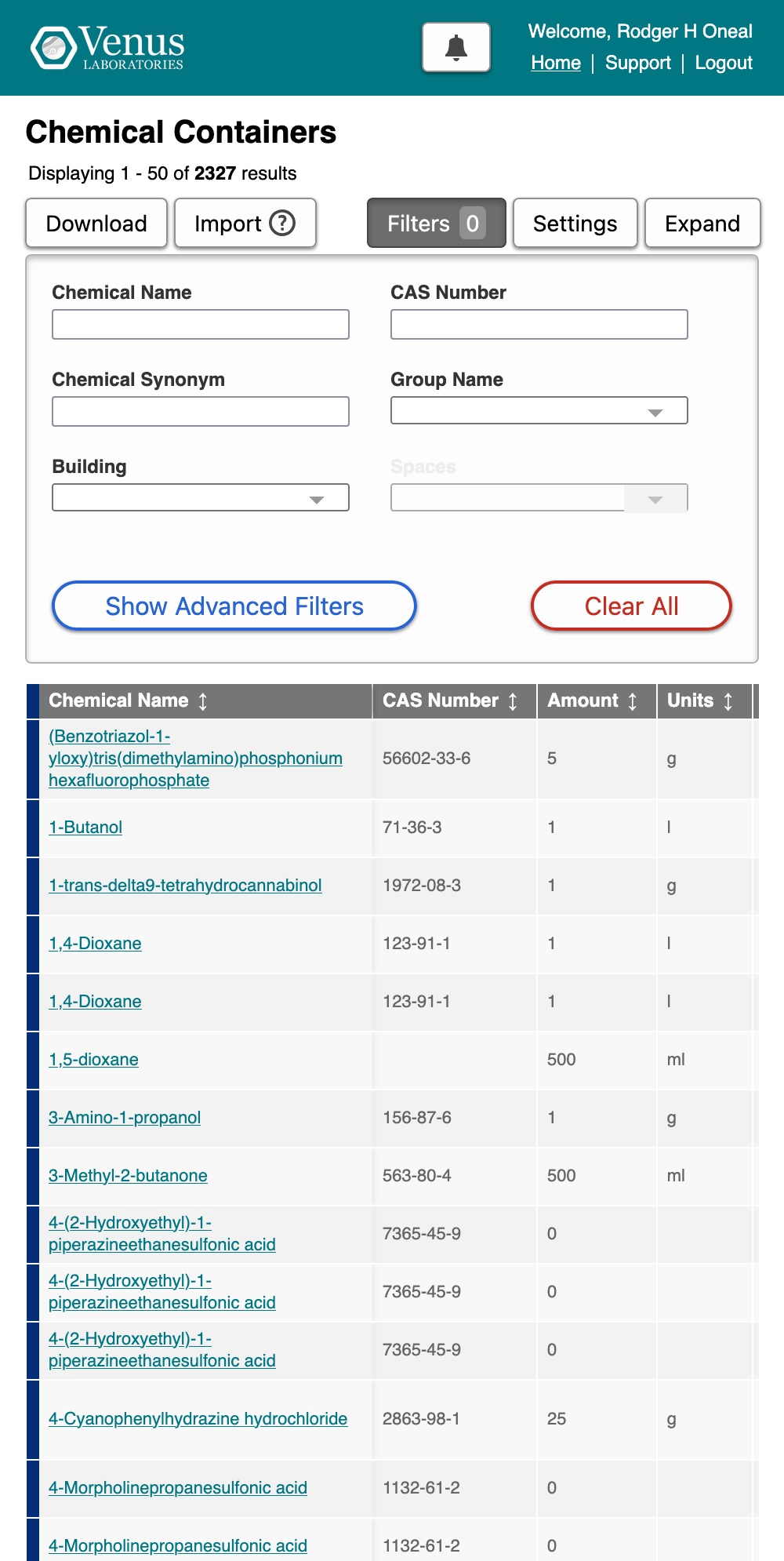 A screenshot of the Chemical Containers page at a width typical of a mobile device, collapsed to a one column grid layout. The title 'Chemical Containers' is followed by Import, Download, Filter, Settings, and Expand buttons. A table follows with data about chemical containers, including chemical names, CAS numbers, amounts, and units.